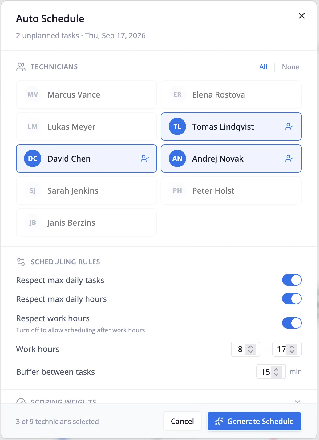 Auto Schedule dialog in Serfy with technician selection and scheduling rules for unplanned tasks