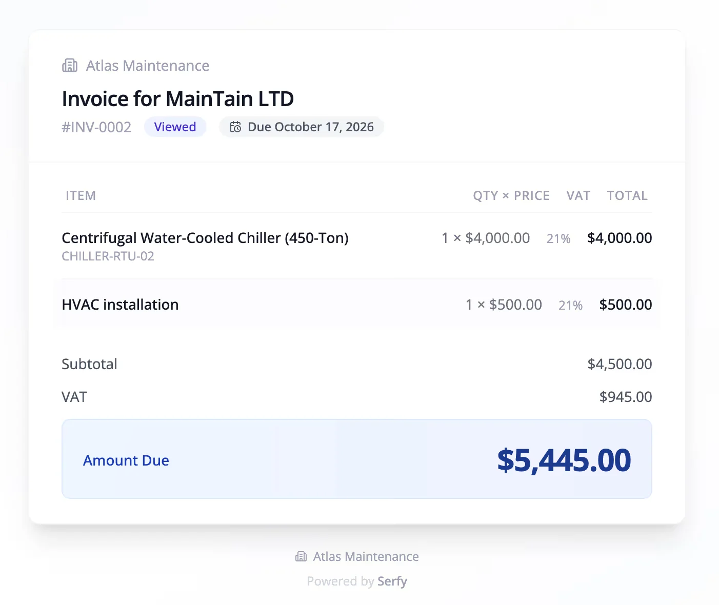 An invoice generated from a signed work order in Serfy
